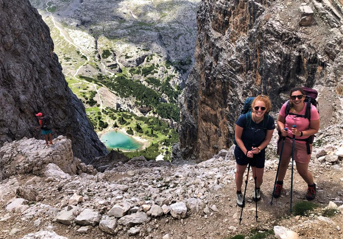 Hikers above lake Lagazuoi