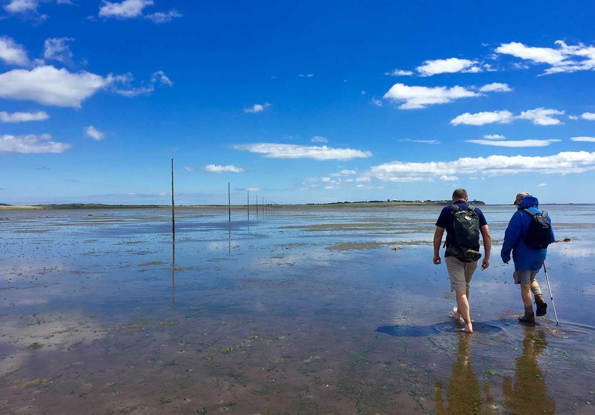 Crossing at low tide to the Holy Isle