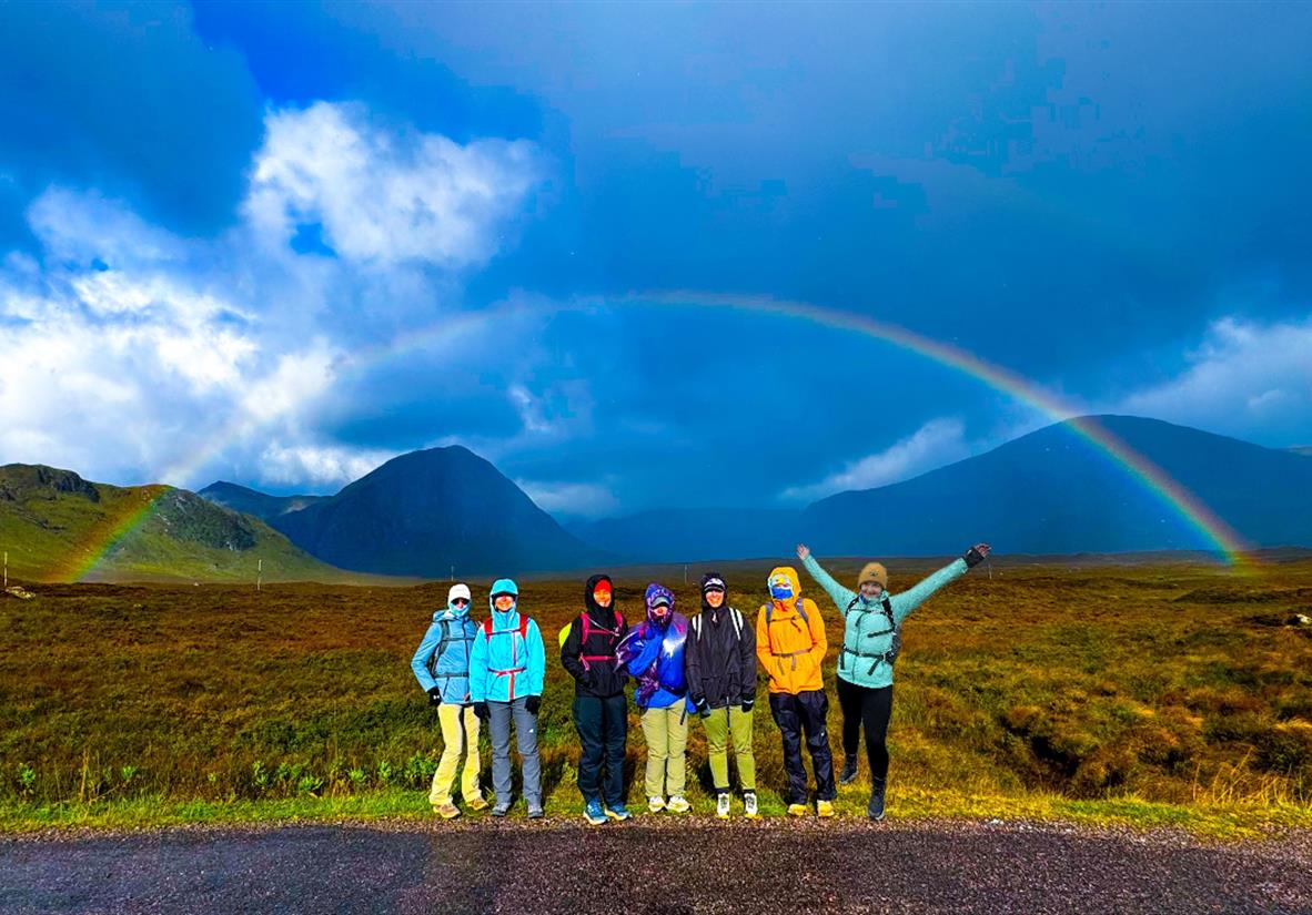 Group of walkers after heavy rain in Glencoe Valle