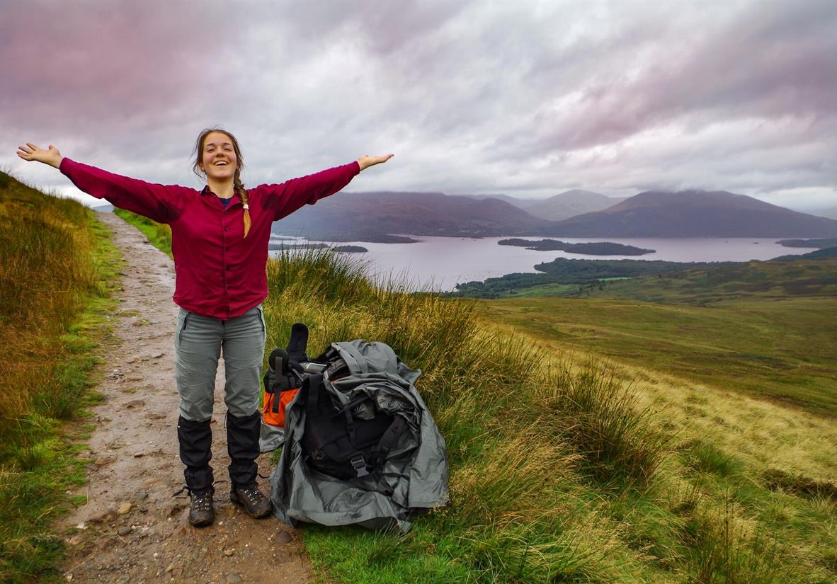 Solo walker with Loch Lomond  behind